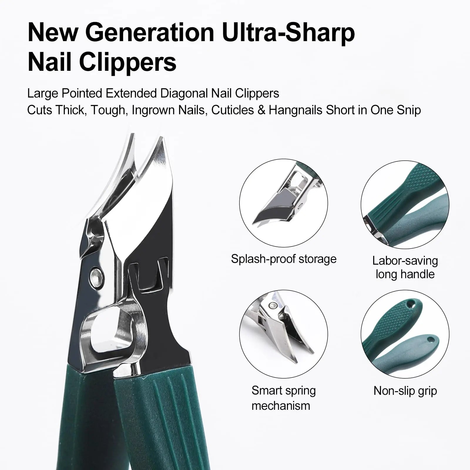 Eagle Beak Beveled Nail Clippers,3-Piece Sets of Eagle Beak Beveled Nails Clippers, Long Handle Wide Jaw Opening Anti-Splash Slanted Nail Clipper for Thick Nails, Seniors&Ingrown Care (Green)