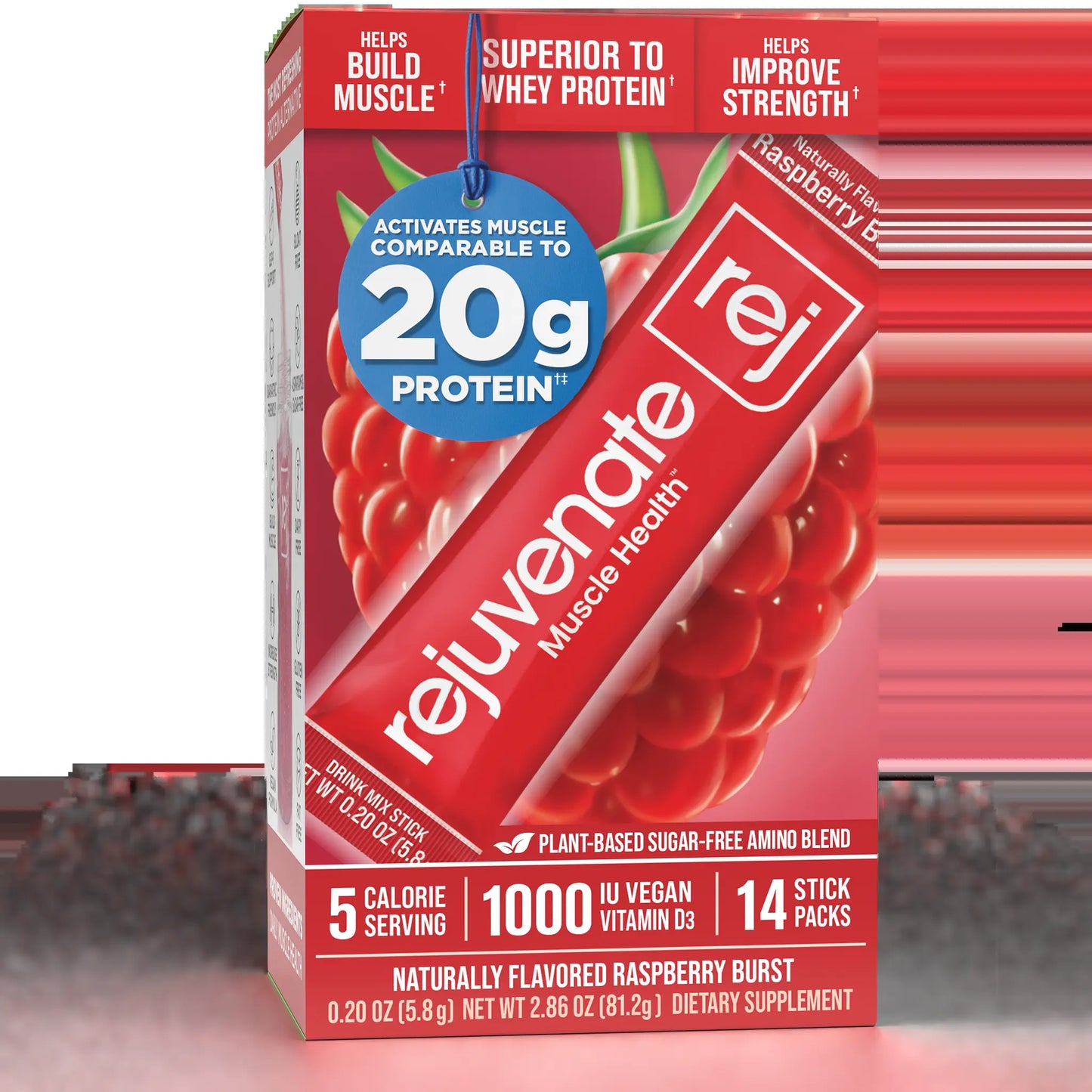 Rejuvenate Muscle Health Essential Amino Acids Comparable to 20G Protein, Only 5 Calories, Sugar-Free, Dairy-Free, 1,000 IU Vitamin D3 for Muscle Support, EAA+BCAA Drink Mix Stick Packs, Perfect Alternative to Whey Protein, Clear Protein & Protein Powder