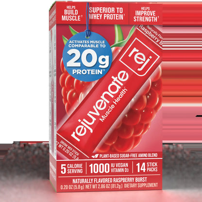 Rejuvenate Muscle Health Essential Amino Acids Comparable to 20G Protein, Only 5 Calories, Sugar-Free, Dairy-Free, 1,000 IU Vitamin D3 for Muscle Support, EAA+BCAA Drink Mix Stick Packs, Perfect Alternative to Whey Protein, Clear Protein & Protein Powder