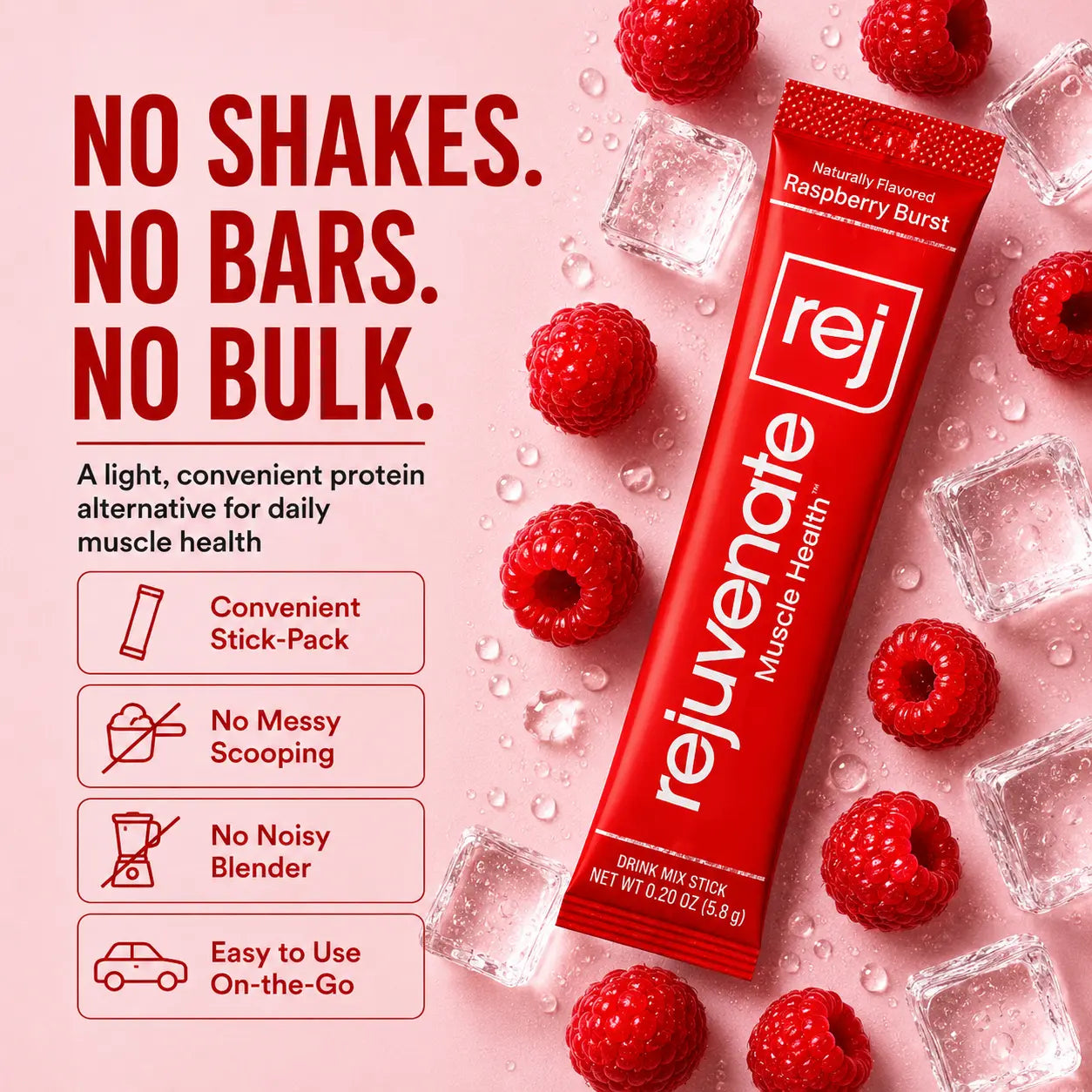 Rejuvenate Muscle Health Essential Amino Acids Comparable to 20G Protein, Only 5 Calories, Sugar-Free, Dairy-Free, 1,000 IU Vitamin D3 for Muscle Support, EAA+BCAA Drink Mix Stick Packs, Perfect Alternative to Whey Protein, Clear Protein & Protein Powder