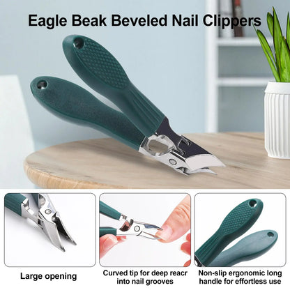 Eagle Beak Beveled Nail Clippers,3-Piece Sets of Eagle Beak Beveled Nails Clippers, Long Handle Wide Jaw Opening Anti-Splash Slanted Nail Clipper for Thick Nails, Seniors&Ingrown Care (Green)
