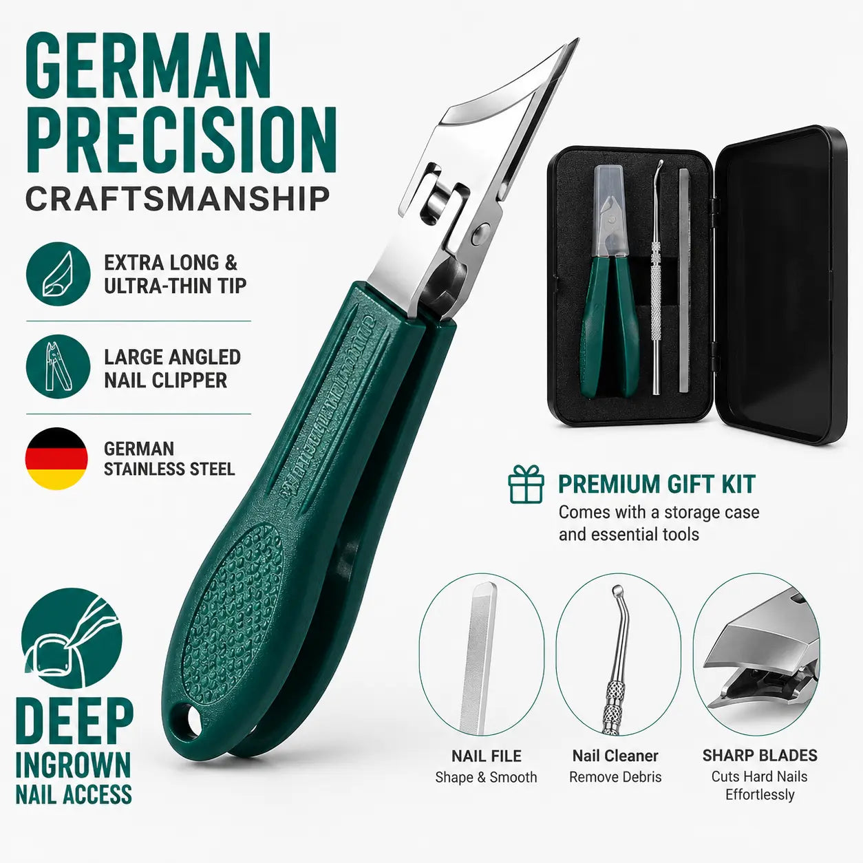 Eagle Beak Beveled Nail Clippers,3-Piece Sets of Eagle Beak Beveled Nails Clippers, Long Handle Wide Jaw Opening Anti-Splash Slanted Nail Clipper for Thick Nails, Seniors&Ingrown Care (Green)