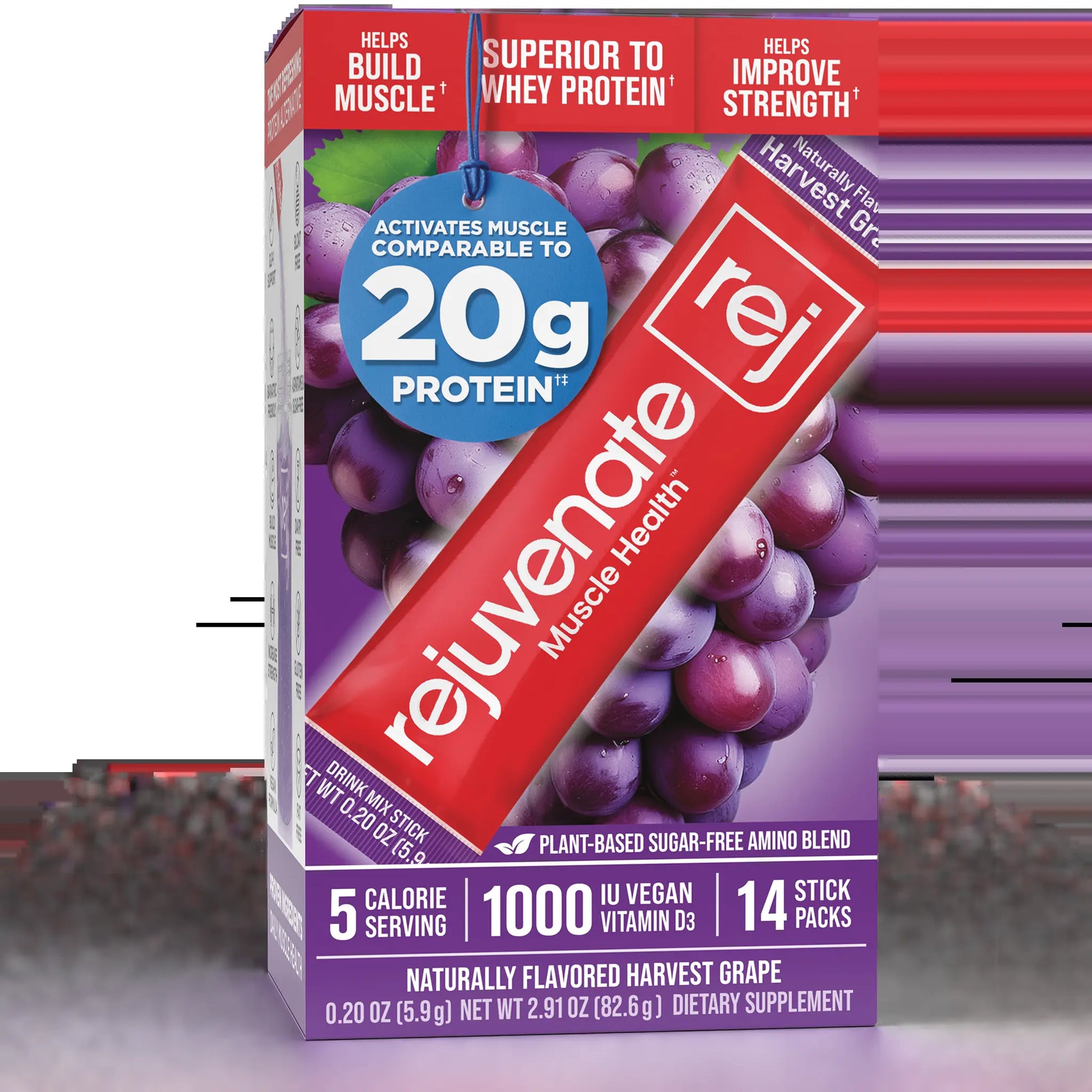 Rejuvenate Muscle Health Essential Amino Acids Comparable to 20G Protein, Only 5 Calories, Sugar-Free, Dairy-Free, 1,000 IU Vitamin D3 for Muscle Support, EAA+BCAA Drink Mix Stick Packs, Perfect Alternative to Whey Protein, Clear Protein & Protein Powder