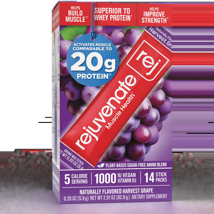 Rejuvenate Muscle Health Essential Amino Acids Comparable to 20G Protein, Only 5 Calories, Sugar-Free, Dairy-Free, 1,000 IU Vitamin D3 for Muscle Support, EAA+BCAA Drink Mix Stick Packs, Perfect Alternative to Whey Protein, Clear Protein & Protein Powder
