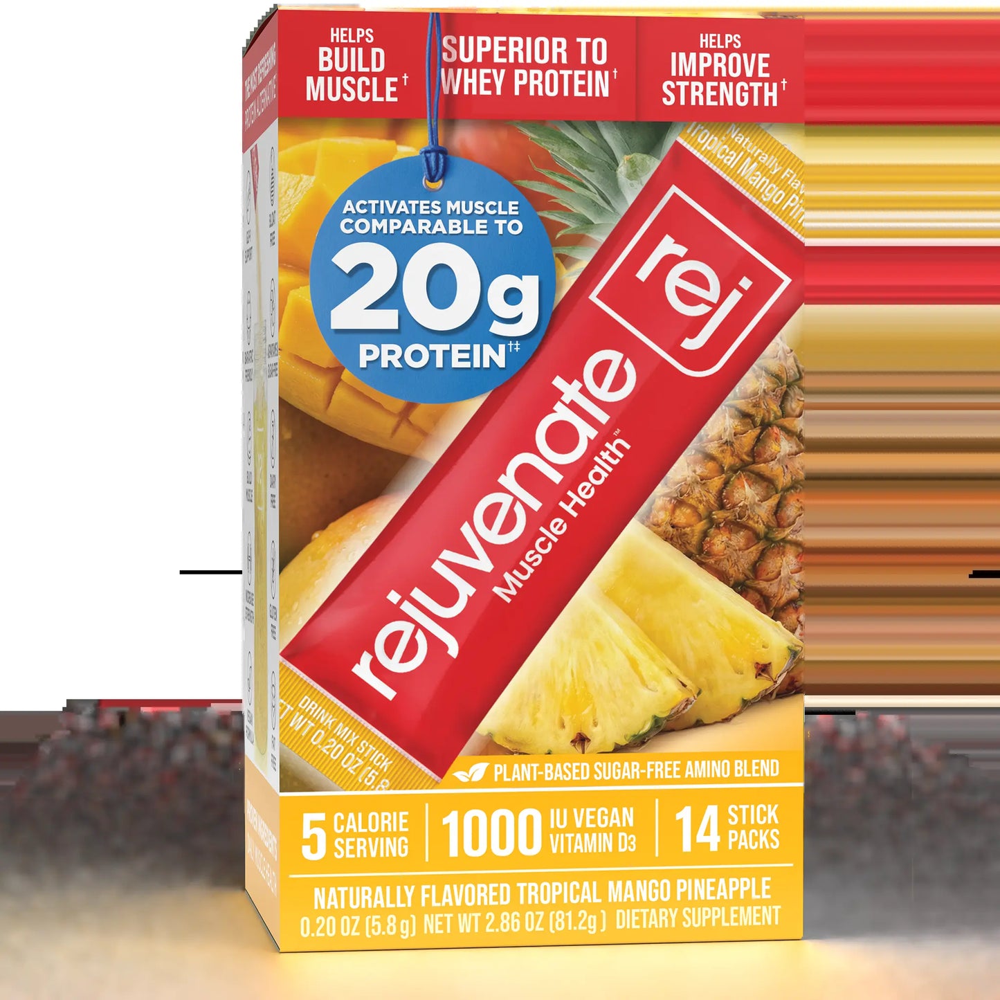 Rejuvenate Muscle Health Essential Amino Acids Comparable to 20G Protein, Only 5 Calories, Sugar-Free, Dairy-Free, 1,000 IU Vitamin D3 for Muscle Support, EAA+BCAA Drink Mix Stick Packs, Perfect Alternative to Whey Protein, Clear Protein & Protein Powder