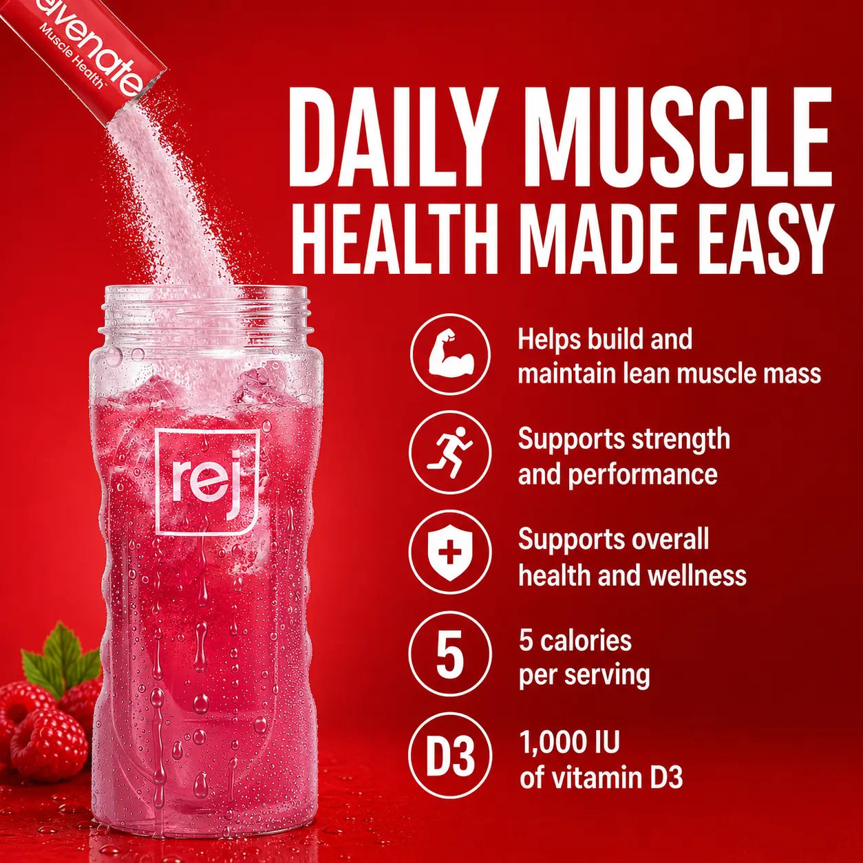 Rejuvenate Muscle Health Essential Amino Acids Comparable to 20G Protein, Only 5 Calories, Sugar-Free, Dairy-Free, 1,000 IU Vitamin D3 for Muscle Support, EAA+BCAA Drink Mix Stick Packs, Perfect Alternative to Whey Protein, Clear Protein & Protein Powder