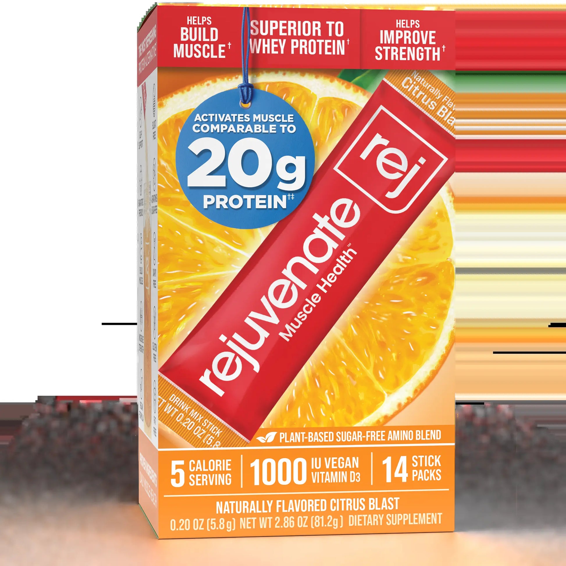 Rejuvenate Muscle Health Essential Amino Acids Comparable to 20G Protein, Only 5 Calories, Sugar-Free, Dairy-Free, 1,000 IU Vitamin D3 for Muscle Support, EAA+BCAA Drink Mix Stick Packs, Perfect Alternative to Whey Protein, Clear Protein & Protein Powder